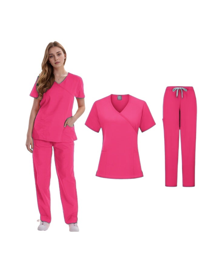 Loquat Womens Medical Scrubs Set Medical Uniform Set Rose Red - Image 1