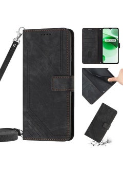 HuHa Case Cover Skin Feel Stripe Pattern Leather Phone Case with Lanyard for Realme C12 / C15 / C25 / C25s / 7i Global / Narzo 20 / Narzo 30A Black 