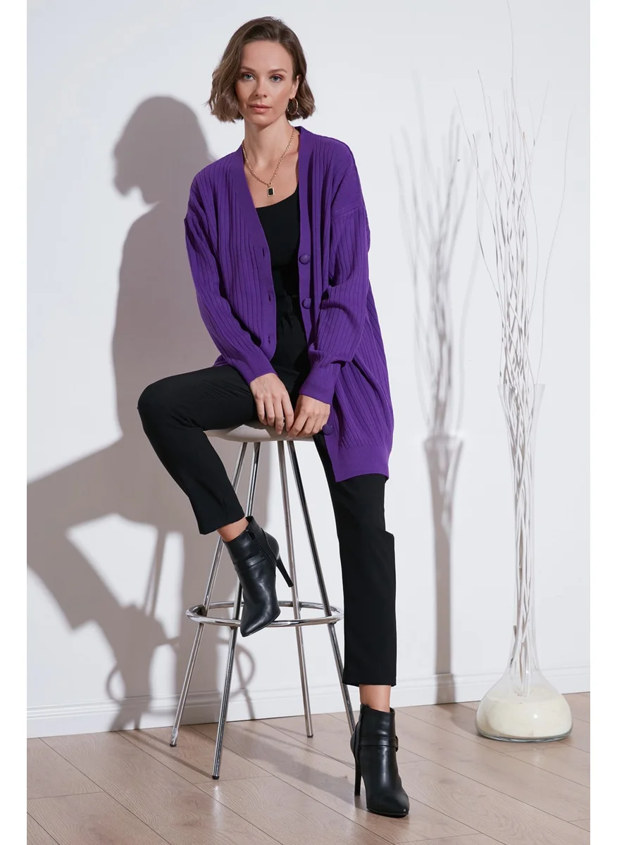 Lela V Neck Buttoned Long Knitted Cardigan Women's Cardigan 4616040Y