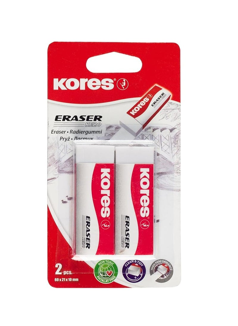 Kores PVC Eraser, White, Paper Sleeved, 60 x 21 x 10 mm, Blister Pack of 2 KE-20  - Image 1