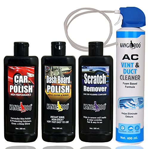 Kangaroo® Car Care Kit Include (Car Polish, Dashboard Polish, Scratch Remover, 200 ML Each and Car AC Vent & Duct Cleaner 400 ML - Image 1