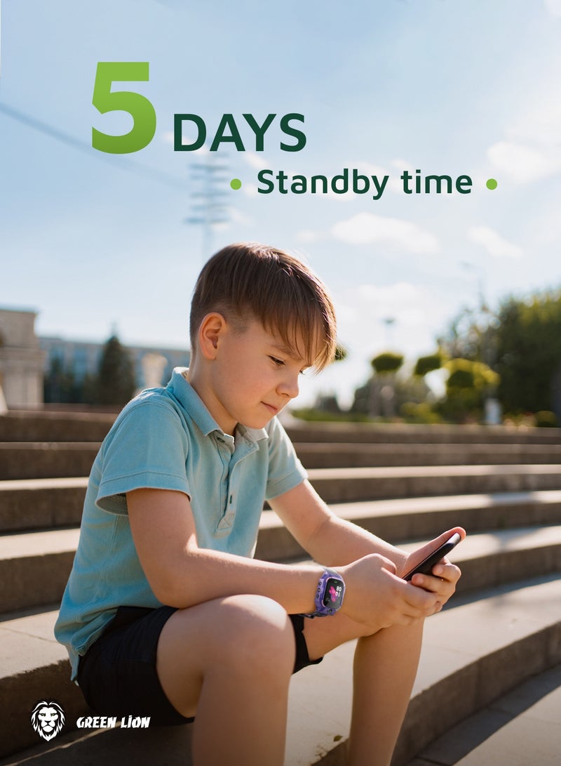 جرين ليون ساعة ذكية للأطفال من السلسلة 5 مزودة بألعاب، وتعلم الرياضيات، ومنطقة آمنة للأطفال، وشاشة ملونة مقاس 1.44 بوصة، وعمر بطارية طويل، وميزات أمان للأطفال/ ساعة ذكية ممتعة وتعليمية للأطفال - أرجواني - Image 4