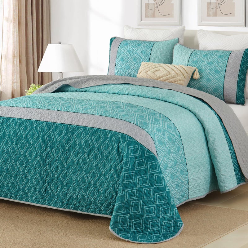 Cottolester Teal Quilt Set King Size,Striped Plaid Bedspread,Blue Boho Bedding Set Soft Microfiber Quilt with 2 Pillow Shams 110"x90" - Image 1