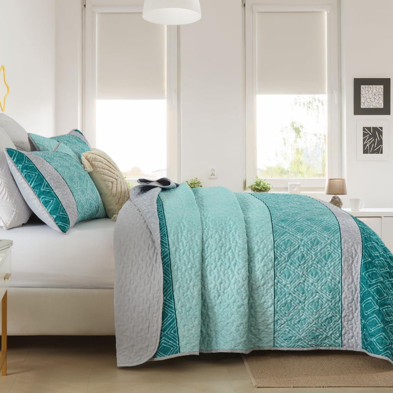 Cottolester Teal Quilt Set King Size,Striped Plaid Bedspread,Blue Boho Bedding Set Soft Microfiber Quilt with 2 Pillow Shams 110"x90" - Image 4