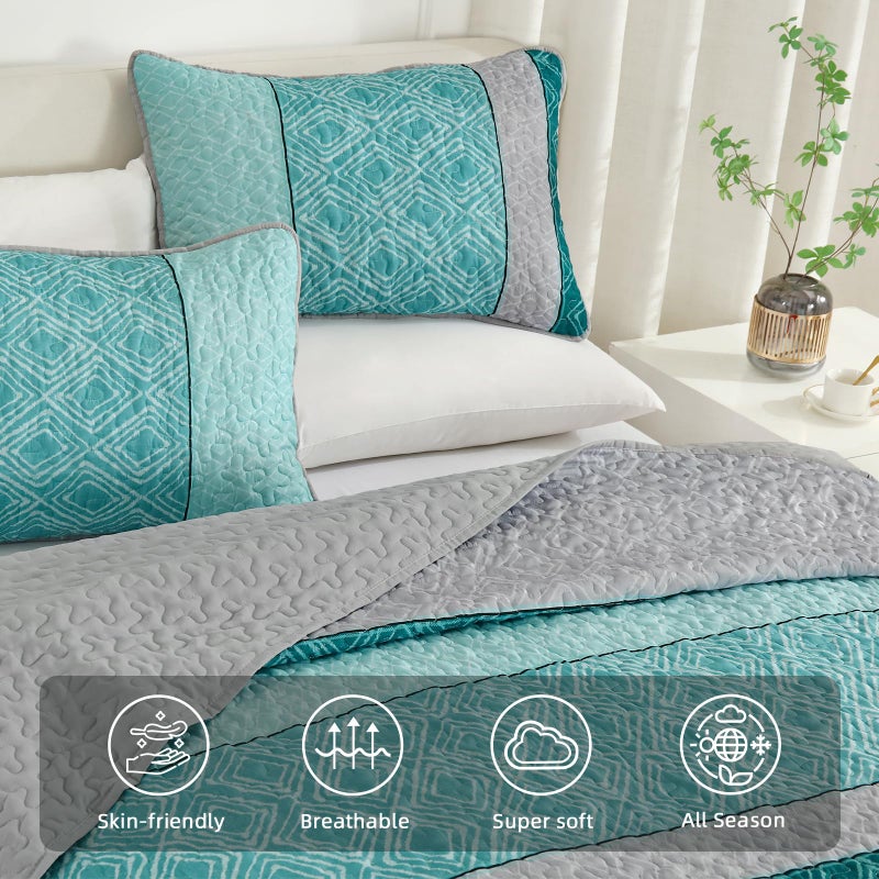 Cottolester Teal Quilt Set King Size,Striped Plaid Bedspread,Blue Boho Bedding Set Soft Microfiber Quilt with 2 Pillow Shams 110"x90" - Image 3