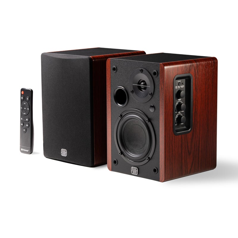 PreSonus Eris Accent BT 60W Powered Bookshelf Bluetooth Speakers â€“ Studio Monitors for Turntable, Home, 4" Woofer, Silk Tweeter, USB-C, Optical, RCA, Coax, Remote, Sub Out, Wired Option, Wood Grain - Image 1