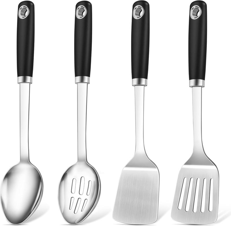 MemoGem 4 Pcs Cooking Utensils Set, Stainless Steel Kitchen Utensils, Heat Resistant Metal Kitchen Tools Include Solid & Slotted Turner Wok Spatula, Serving Spoon, Ergonomic Handle, Easy to Clean, Silver - Image 1