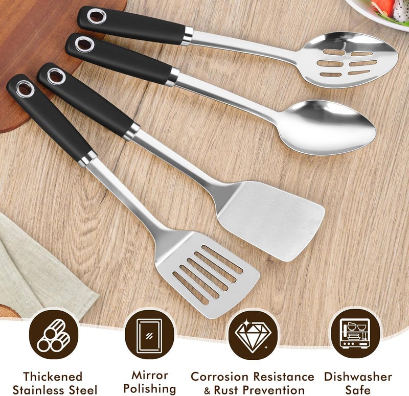 MemoGem 4 Pcs Cooking Utensils Set, Stainless Steel Kitchen Utensils, Heat Resistant Metal Kitchen Tools Include Solid & Slotted Turner Wok Spatula, Serving Spoon, Ergonomic Handle, Easy to Clean, Silver - Image 3