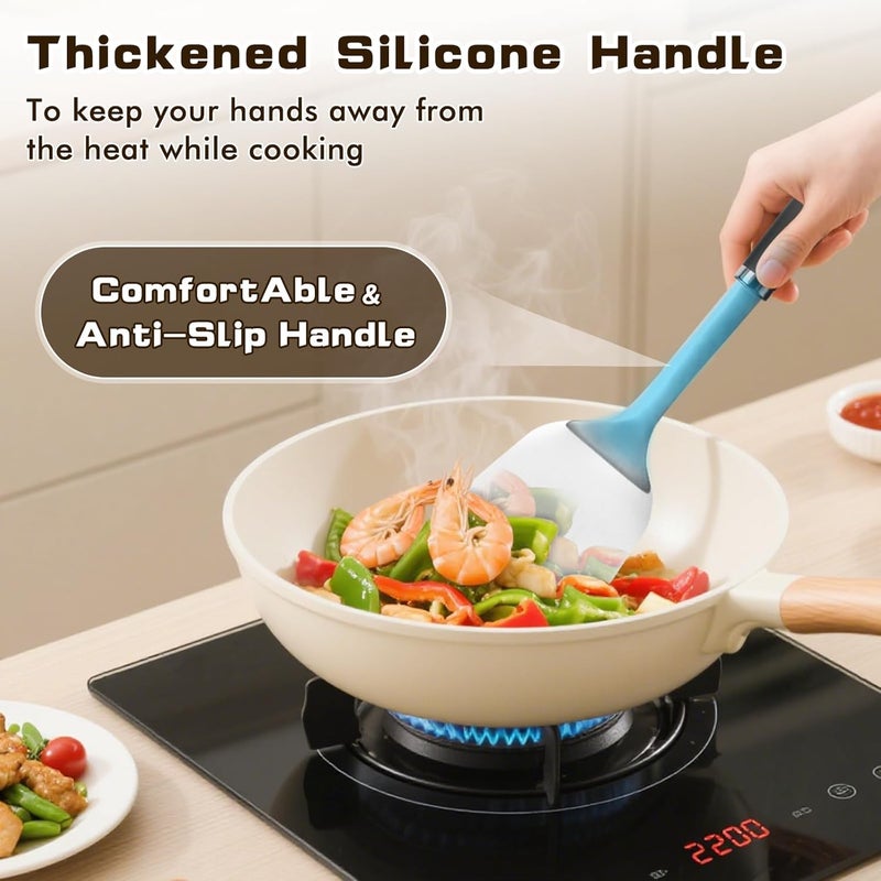 MemoGem 4 Pcs Cooking Utensils Set, Stainless Steel Kitchen Utensils, Heat Resistant Metal Kitchen Tools Include Solid & Slotted Turner Wok Spatula, Serving Spoon, Ergonomic Handle, Easy to Clean, Silver - Image 4