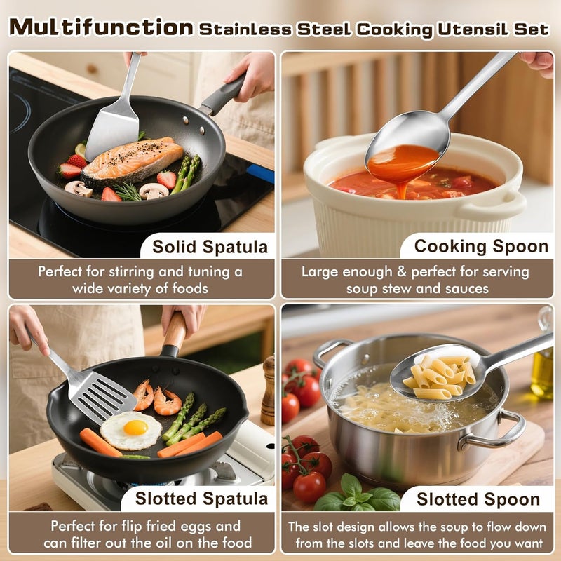 MemoGem 4 Pcs Cooking Utensils Set, Stainless Steel Kitchen Utensils, Heat Resistant Metal Kitchen Tools Include Solid & Slotted Turner Wok Spatula, Serving Spoon, Ergonomic Handle, Easy to Clean, Silver - Image 2