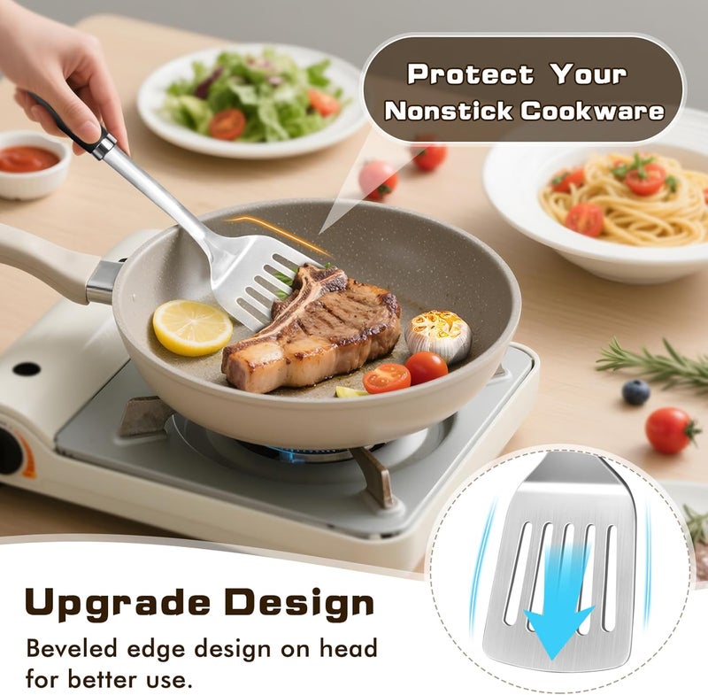 MemoGem 4 Pcs Cooking Utensils Set, Stainless Steel Kitchen Utensils, Heat Resistant Metal Kitchen Tools Include Solid & Slotted Turner Wok Spatula, Serving Spoon, Ergonomic Handle, Easy to Clean, Silver - Image 5
