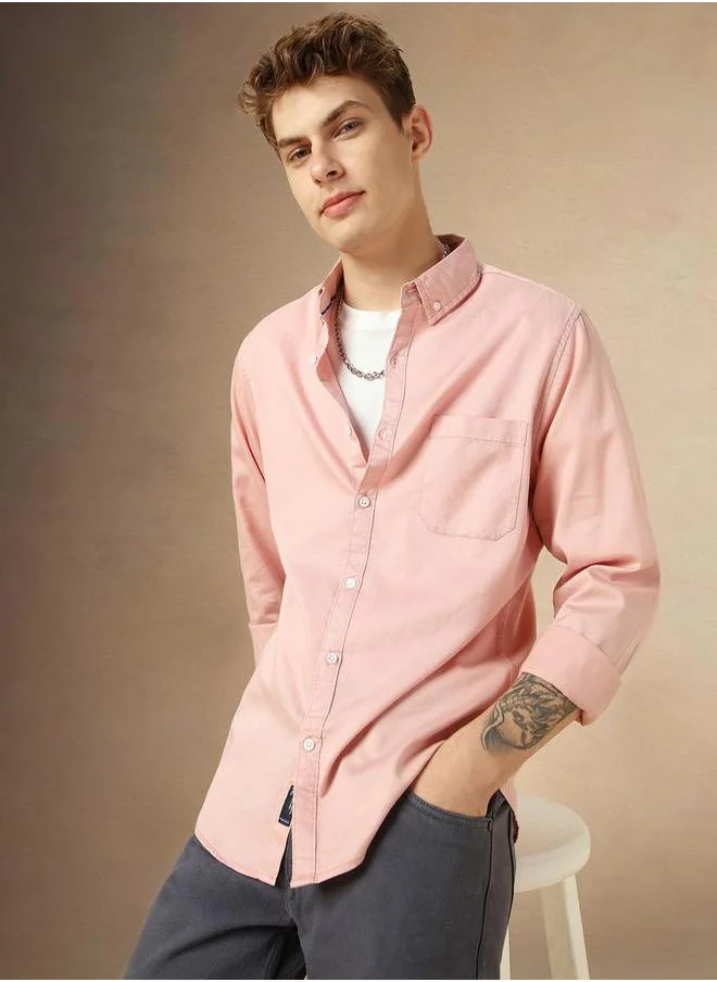 دينيس لينغو Solid Button-Down Collar Plain Long Sleeve Shirt by Styli