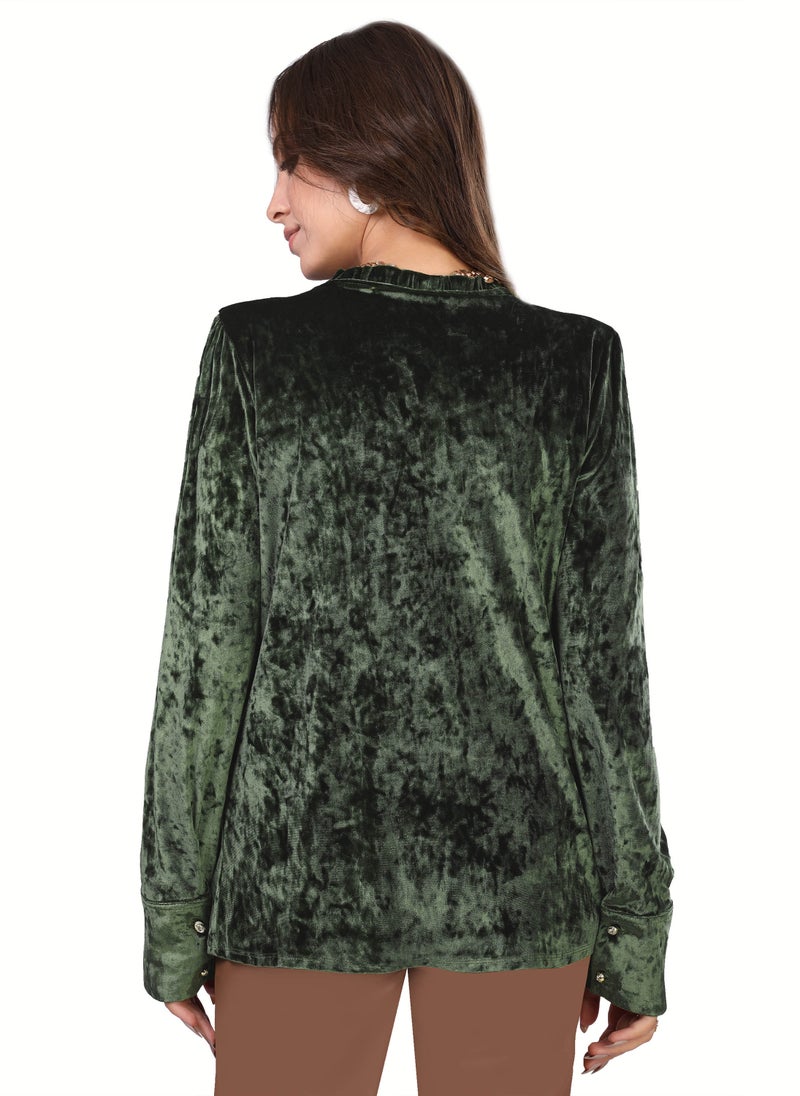 Smoky Egypt Crushed Velvet Long Sleeve Blouse With Wide Cuffs - Olive  - Image 4