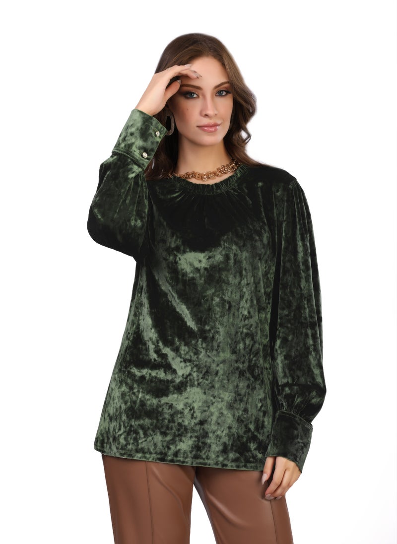 Smoky Egypt Crushed Velvet Long Sleeve Blouse With Wide Cuffs - Olive  - Image 2