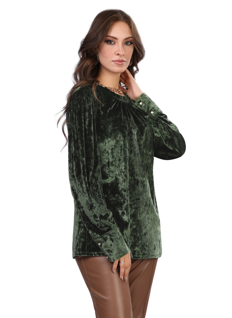 Smoky Egypt Crushed Velvet Long Sleeve Blouse With Wide Cuffs - Olive  - Image 3