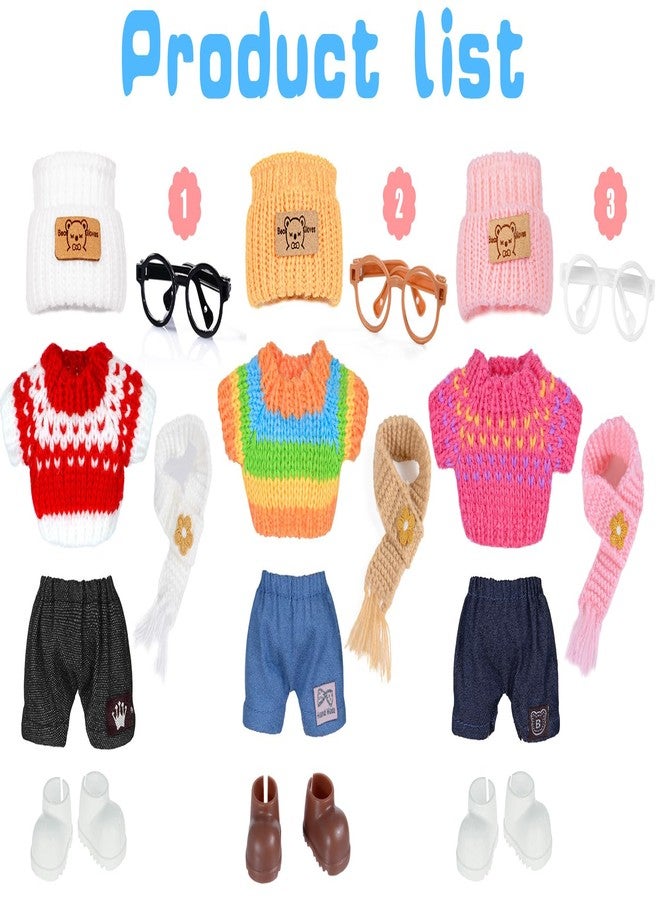 ibayda Total 3 Sets Knit Doll Clothes and Accessories Play Set for 17cm Dolls Include: 3 Hat, 3 Sweater, 3 Pants, 3 Scarf, 3 Glasses and 3 Shoes (Doll not Included) - Image 2