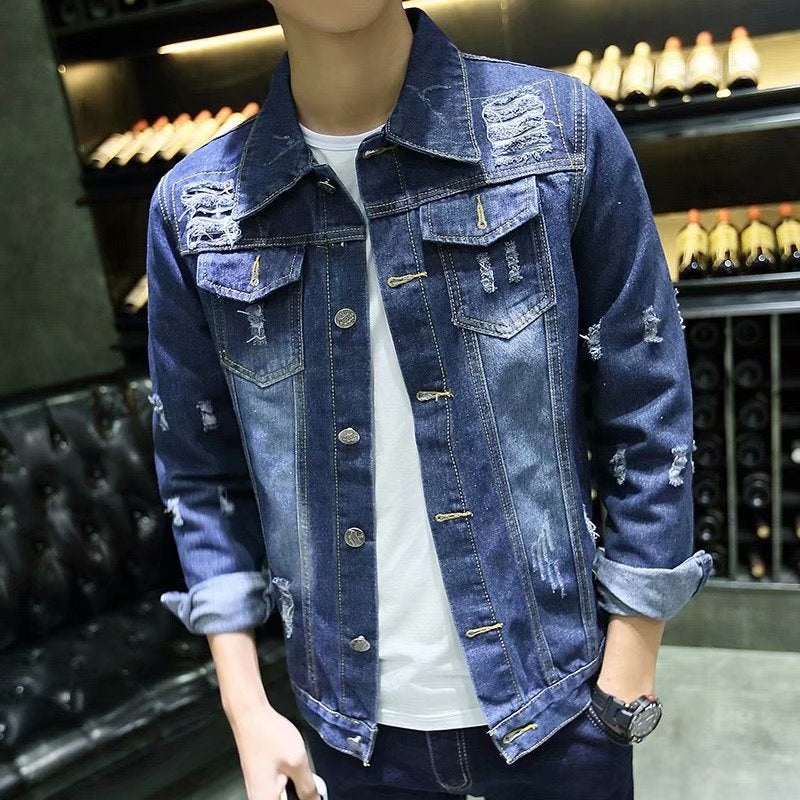 Mens Denim Jacket Korean Trendy Retro Casual Ripped Jacket Ripped Jacket