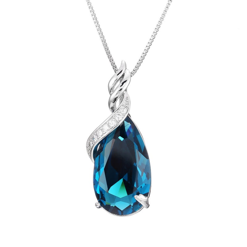 Generic Zhenrong 925 Silver Plated Fashion Jewelry Drop Shaped Sapphire Blue Crystal Synthetic Topaz Pendant Necklace Pendant for Women Pendant Necklace 