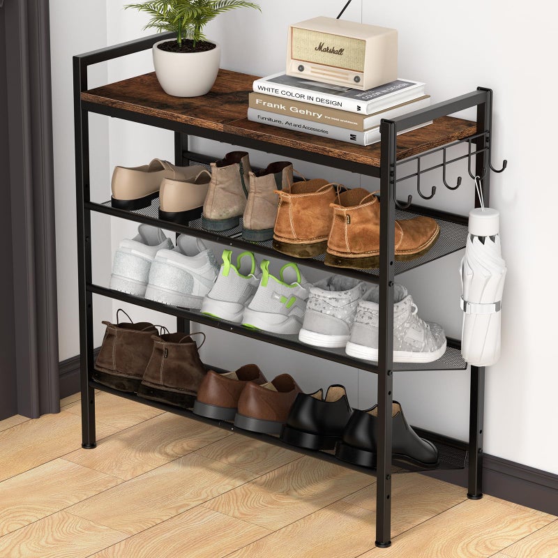 Refrze Shoe Rack for Front Door Entrance, 4 Tier Height-Adjustable Metal Shoe Rack, Sturdy Wooden Top and Tiltable Steel Frame Heavy Duty Shoe Organizer for Bathroom,Bedroom,Kitchenï¼ŒInclude Hook - Image 1
