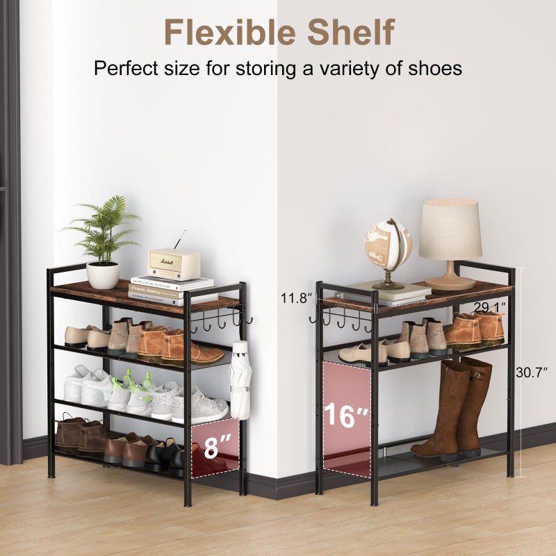 Refrze Shoe Rack for Front Door Entrance, 4 Tier Height-Adjustable Metal Shoe Rack, Sturdy Wooden Top and Tiltable Steel Frame Heavy Duty Shoe Organizer for Bathroom,Bedroom,Kitchenï¼ŒInclude Hook - Image 3