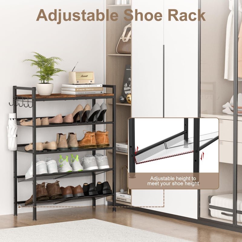 Refrze Shoe Rack for Front Door Entrance, 4 Tier Height-Adjustable Metal Shoe Rack, Sturdy Wooden Top and Tiltable Steel Frame Heavy Duty Shoe Organizer for Bathroom,Bedroom,Kitchenï¼ŒInclude Hook - Image 2