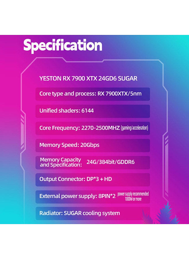 yeston - RX7900XT-24GD6 Sugar YA Graphics Card 24G/384bit/GDDR6 Memory 2270-2500MHz Core Frequency  with Dual Ball Fan with Light HD+DP*3 Output Ports - Image 1