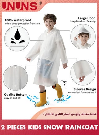 Kids Raincoat,2 Pcs Kids Waterproof Thick Rain Ponchos For Kids,Reusable Emergency Rain Coats For Boys Girls,Kids Snow Rainwear Jacket with Hood and Drawstring,Portable EVA Rain Jacket,White - view 2