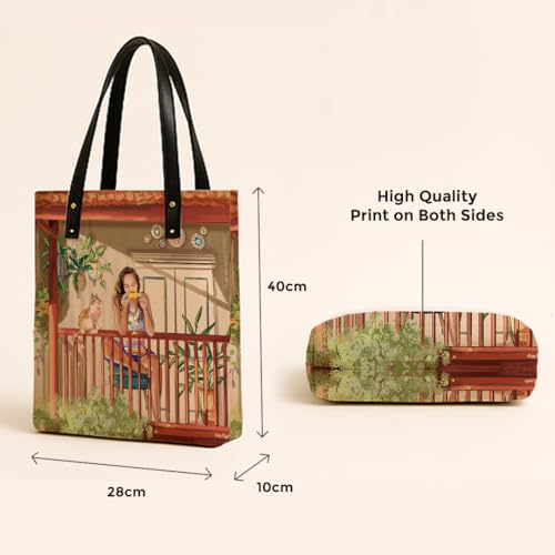 Kalankit Classic Tote Bag For Women | Canvas Printed Totes For Women | Aesthetic Shoulder College Bag For Girls | Vegan Leather Lightweight Everyday Handbag | Gift for Woman | Mango Summers - Image 4