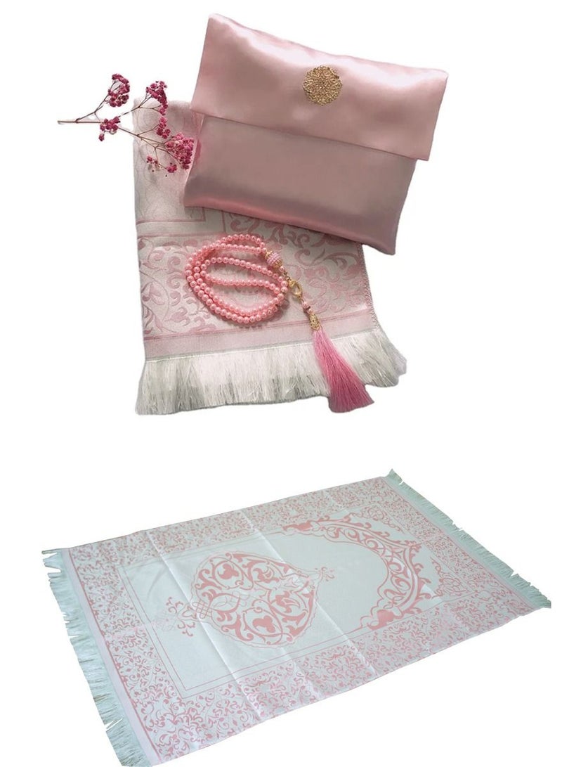 ISHWAZ Islamic Prayer Mat Set, High Quality Rug And Decorative Rosary With Beautifull Pouch, Ideal for Home, Travelling, At Office, At Work, For Ramadan, Eid Etc, Best Gift Idea Prayer Carpet Tasbih And Bag  - Image 1