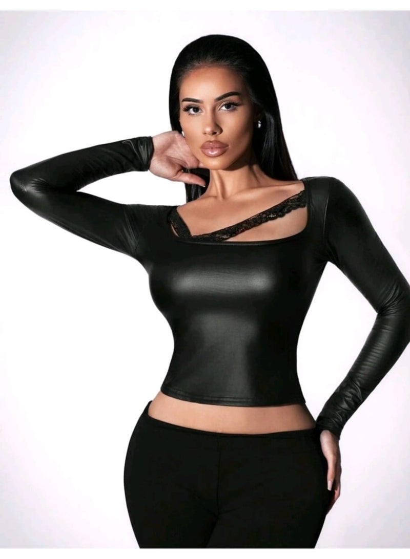 شي إن بلوزة نسائية من SHEIN بأكمام طويلة وخياطة دانتيل وياقة مربعة من جلد البولي يوريثان - Image 3