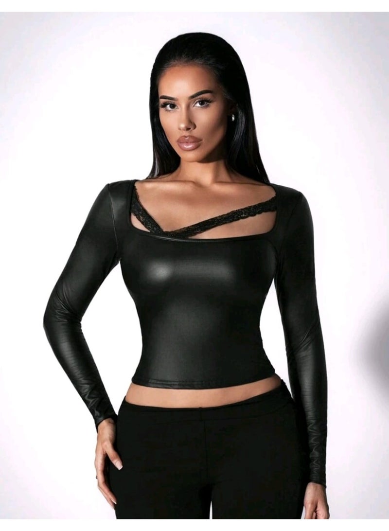 شي إن بلوزة نسائية من SHEIN بأكمام طويلة وخياطة دانتيل وياقة مربعة من جلد البولي يوريثان - Image 5