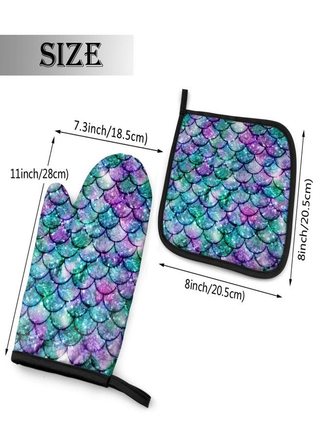 Abucaky Mermaid Scales Oven Mitts and Pot Holders Insulated Gloves & Kitchen Counter Safe Mats for Cooking BBQ Baking Grilling (2-Piece Set) - Image 2