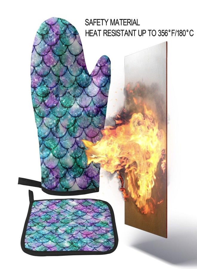 Abucaky Mermaid Scales Oven Mitts and Pot Holders Insulated Gloves & Kitchen Counter Safe Mats for Cooking BBQ Baking Grilling (2-Piece Set) - Image 4