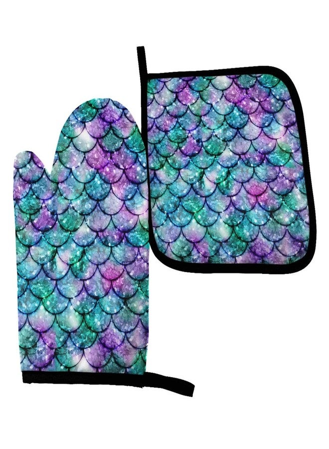 Abucaky Mermaid Scales Oven Mitts and Pot Holders Insulated Gloves & Kitchen Counter Safe Mats for Cooking BBQ Baking Grilling (2-Piece Set) - Image 1