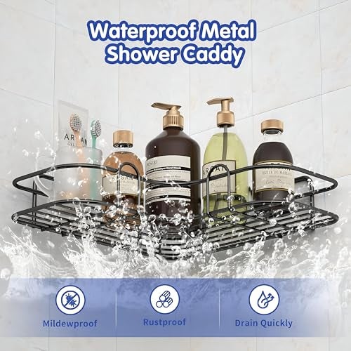 Homeor 3 in 1 Rustproof Stainless Steel Corner Bathroom Shelf for Wall, Soap Dish, Racks & Shelves for Wall, Bathroom Organizer Without Drill, Adhesive Shower Caddy with Soap Holder, Black - Image 3