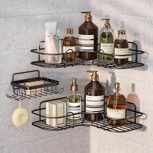 Homeor 3 in 1 Rustproof Stainless Steel Corner Bathroom Shelf for Wall, Soap Dish, Racks & Shelves for Wall, Bathroom Organizer Without Drill, Adhesive Shower Caddy with Soap Holder, Black - Image 1