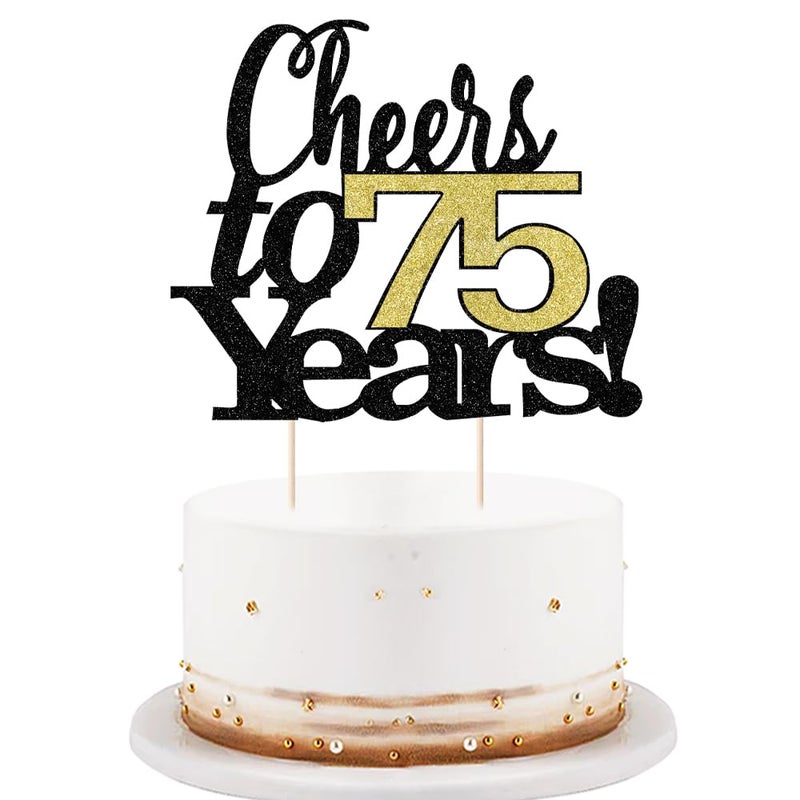 LVEUD Black Font Golden Numbers Cheers to 75 Years Happy Birthday Cake Topper -Wedding Anniversary Birthday Party Decorations (75th) - Image 1
