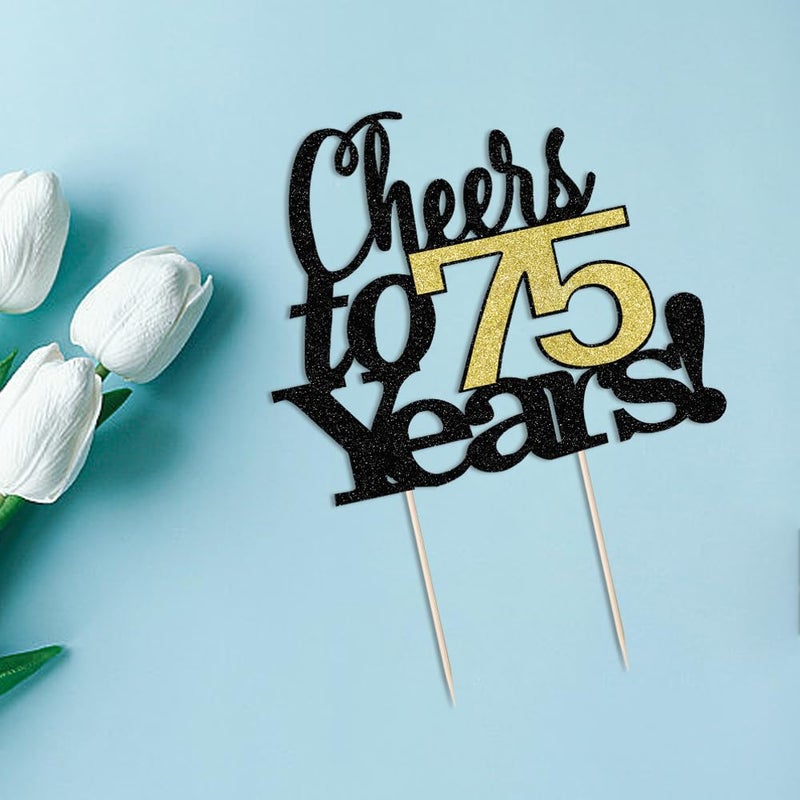 LVEUD Black Font Golden Numbers Cheers to 75 Years Happy Birthday Cake Topper -Wedding Anniversary Birthday Party Decorations (75th) - Image 5