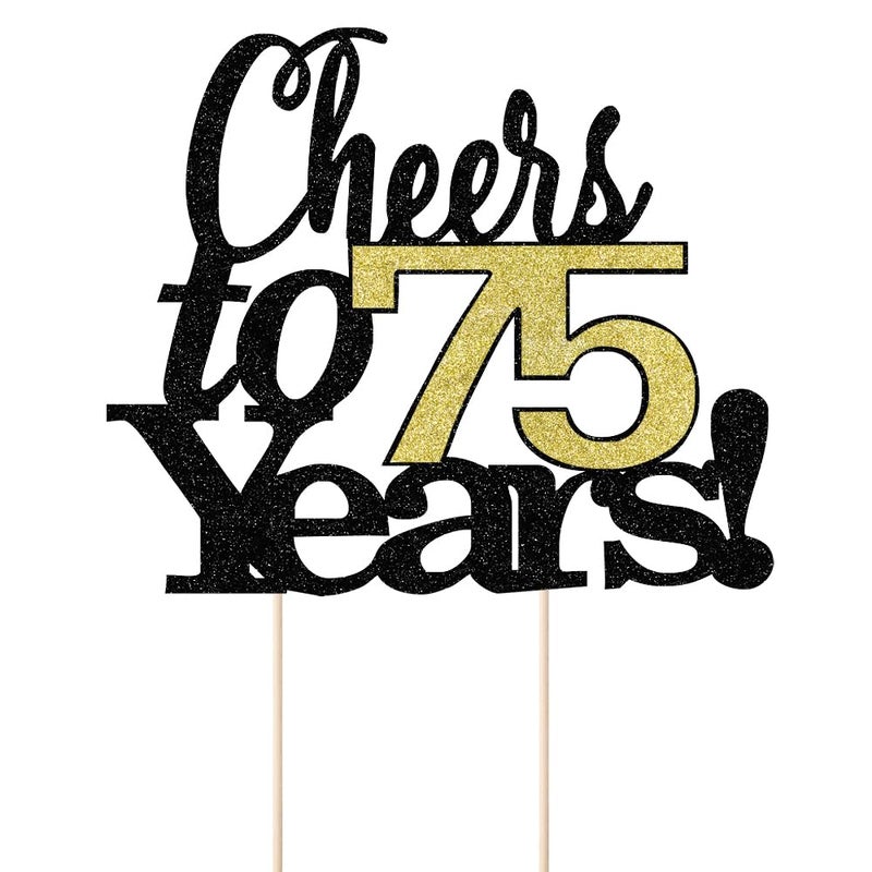 LVEUD Black Font Golden Numbers Cheers to 75 Years Happy Birthday Cake Topper -Wedding Anniversary Birthday Party Decorations (75th) - Image 2