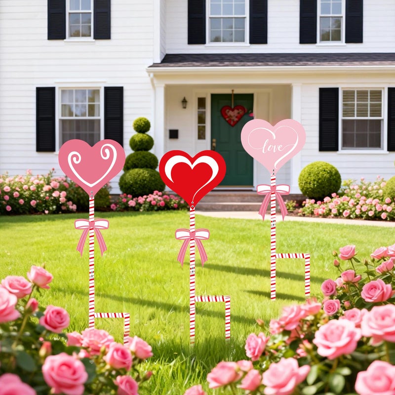 KEOHOLI 3 Pcs 24"" H Valentine Yard Signs 5.9 * 6.6Inch Metal Heart Valentine'S Day Metal Garden Stakes Valentines Love Heart Outdoor Decorations For Patio Lawn Planter Pot Pathway Walkway Wedding Decor - Image 1