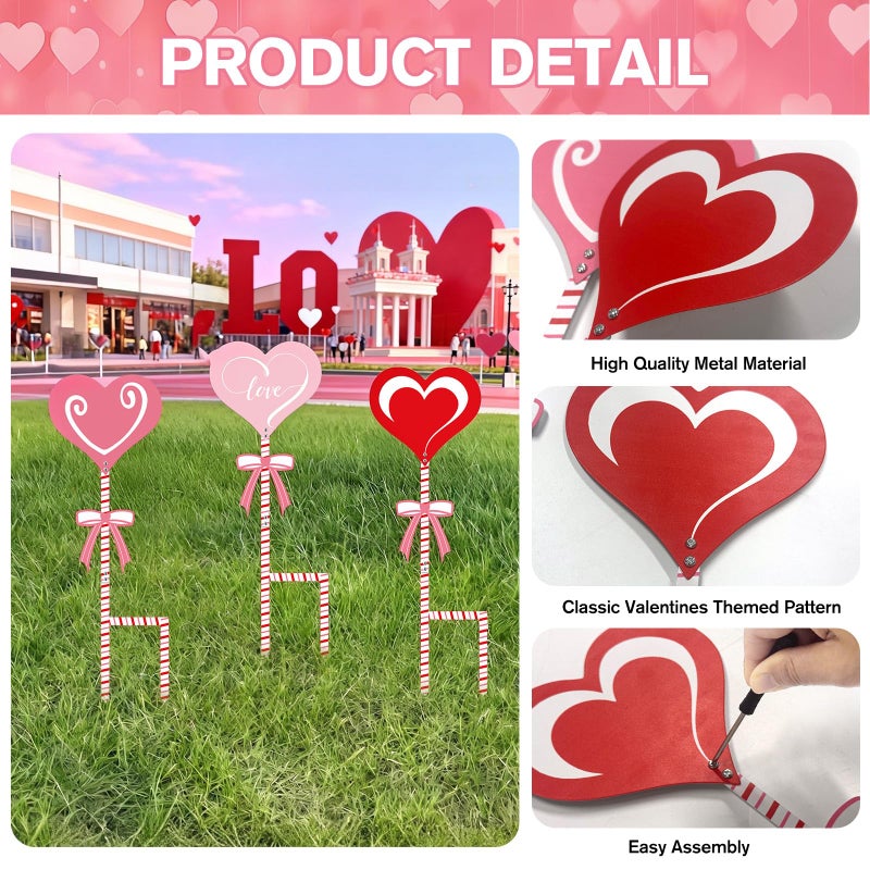 KEOHOLI 3 Pcs 24"" H Valentine Yard Signs 5.9 * 6.6Inch Metal Heart Valentine'S Day Metal Garden Stakes Valentines Love Heart Outdoor Decorations For Patio Lawn Planter Pot Pathway Walkway Wedding Decor - Image 3