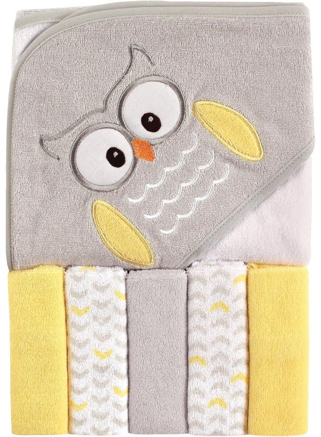 Luvable Friends Unisex Baby Hooded Towel with Five Washcloths, Owl, One Size - Image 1