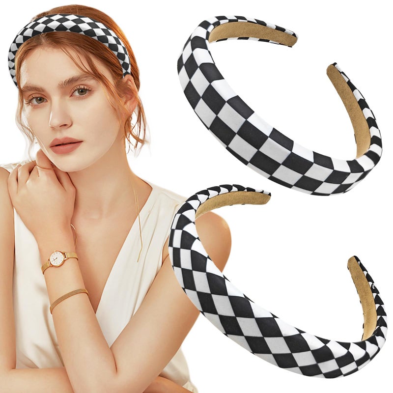 2 PACK Checkerboard Headbands Black and White Checkered Padded Headband Sponge Puffy Headband for Women Christmas Party Hair Accessories