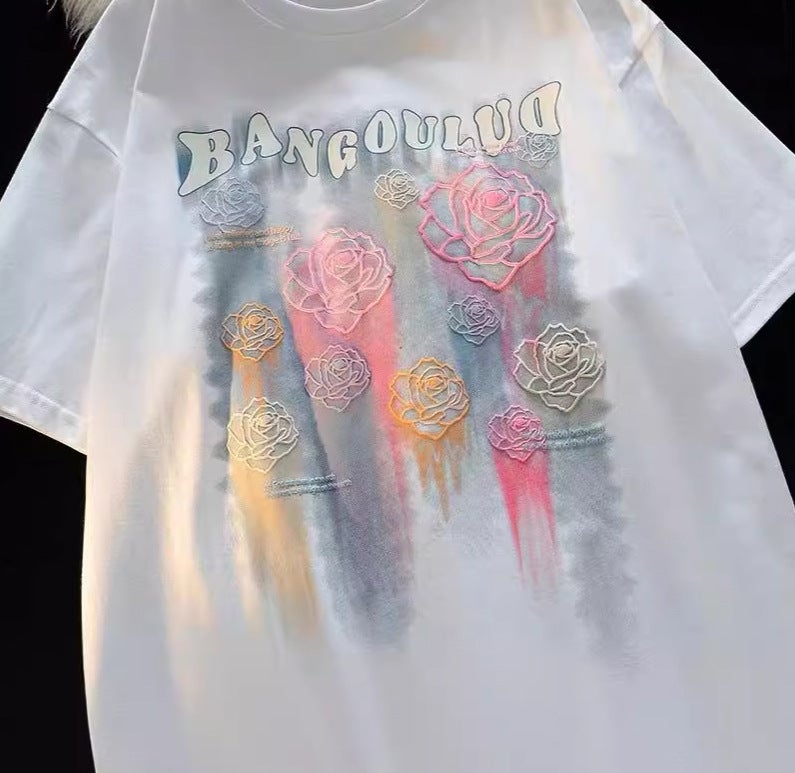 American Style Retro Ami Kaji Rose Pure Cotton Printed Short-Sleeved T-Shirt Fashionable Brand Loose Oversize - Image 1