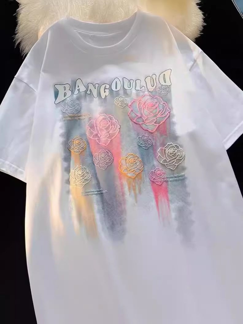 American Style Retro Ami Kaji Rose Pure Cotton Printed Short-Sleeved T-Shirt Fashionable Brand Loose Oversize - Image 3