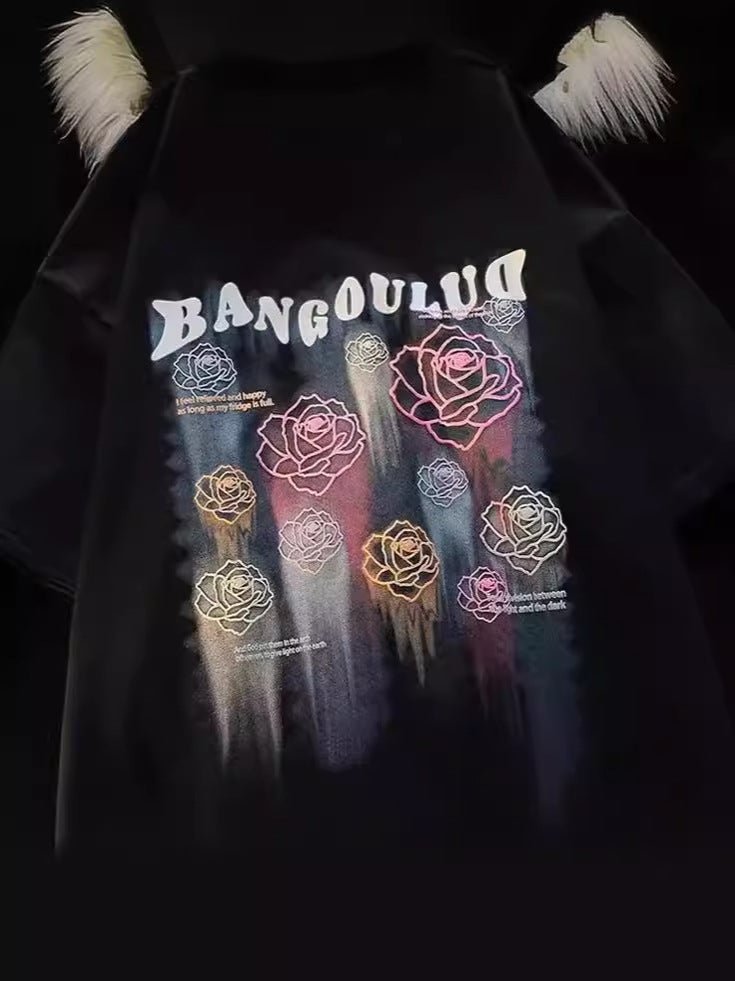 American Style Retro Ami Kaji Rose Pure Cotton Printed Short-Sleeved T-Shirt Fashionable Brand Loose Oversize - Image 4