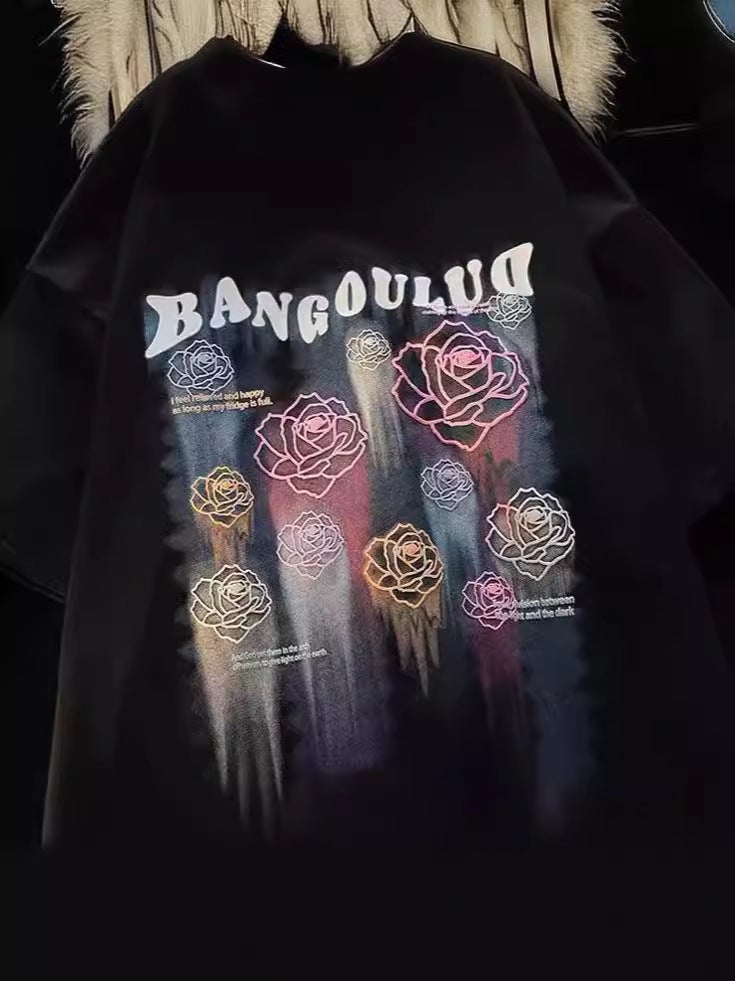 American Style Retro Ami Kaji Rose Pure Cotton Printed Short-Sleeved T-Shirt Fashionable Brand Loose Oversize - Image 2