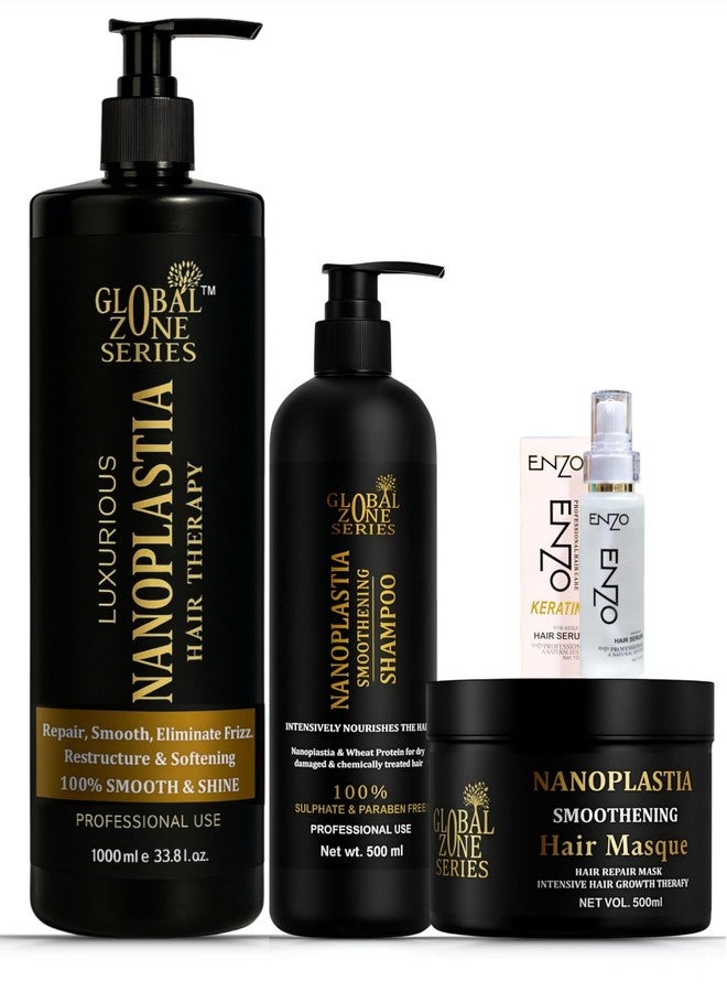 Nexify india Global zone series Professional Hair Treatment Set, Nanoplastia 1000ml, Smoothening Shampoo 500ml, Hair Mask 500ml with Free Enzo Serum 100ml (back edition) - Image 1