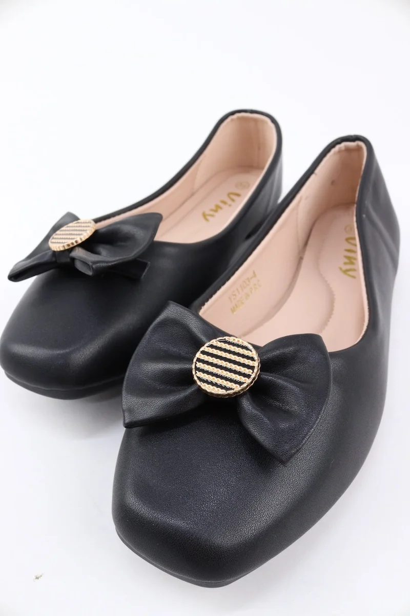 Viny BLACK VINY Women's Cushioned Ballet Flats – Comfortable Slip-On Ballerina Shoes with Bow Detail, Lightweight Flat Shoes for Office, Walking, Travel & Everyday Wear for Women | Best Price UAE