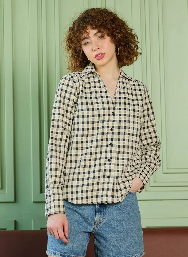 Women's Beige Checkered Relaxed Shirt For Casual Wear | Collared Neck | Long Sleeve | Button Closure | Shirt Crafted With Cotton Blend Comfort Fit For Everyday Wear